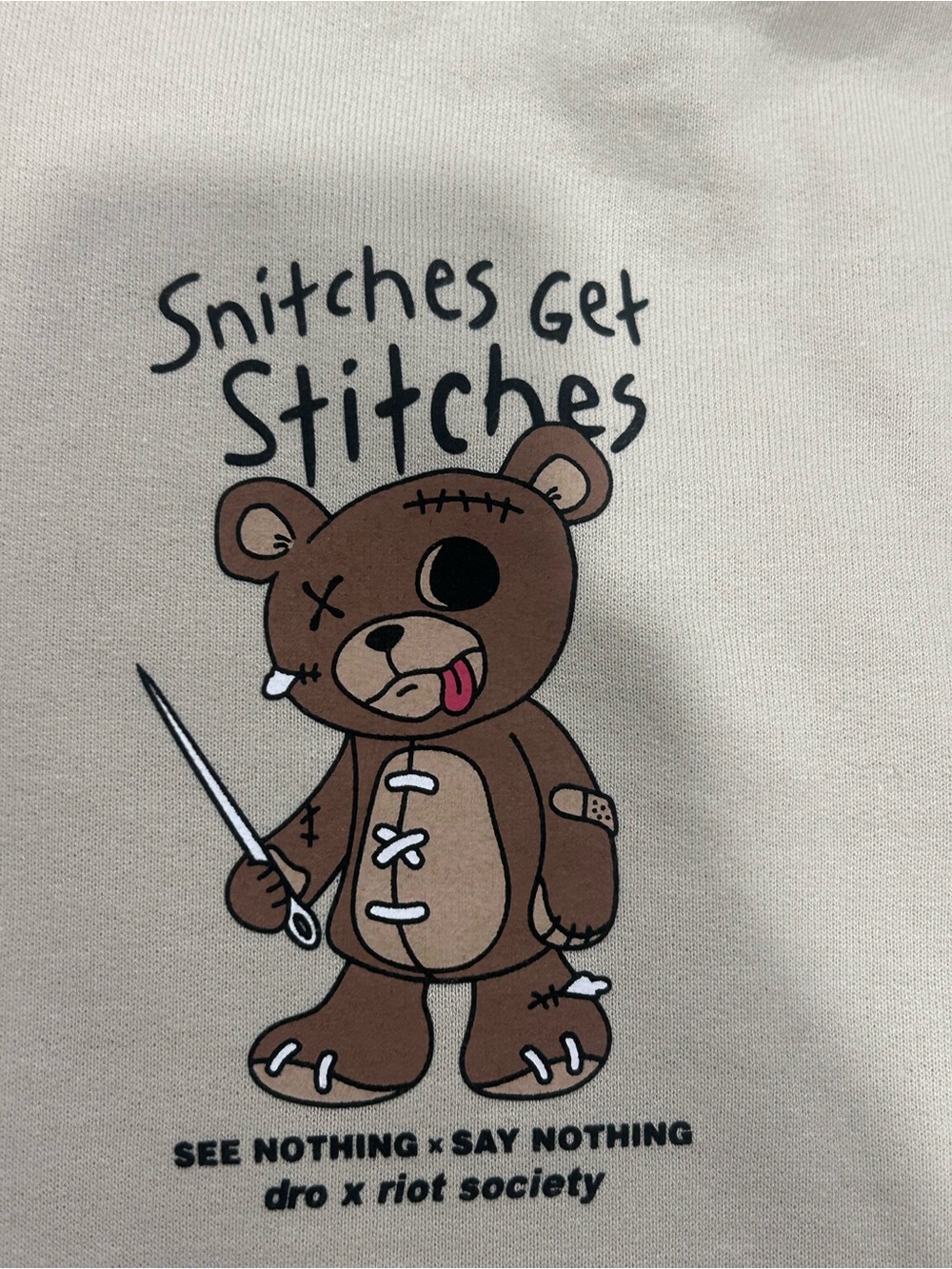 Riot Society Stitched Bear Graphic Hoodie - Beige Men’s Sweater - Picture 5 of 7